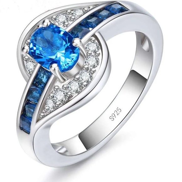 Ladies Blue Sapphires & White Oval Cut Bridal Ring .925 Solid Sterling Silver - Picture 3 of 7